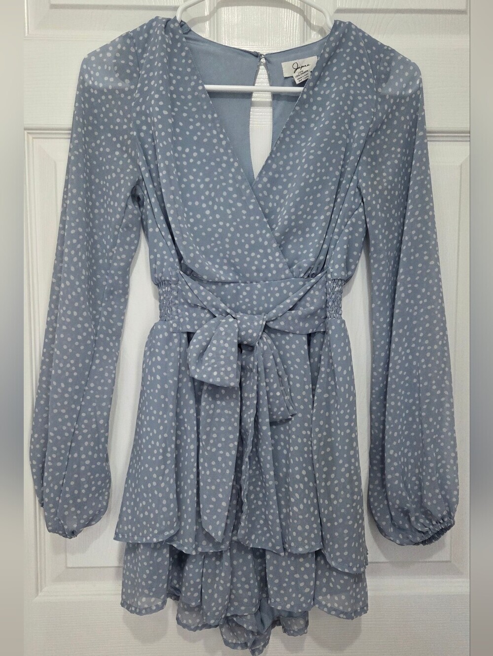 Japna Ruffle Chiffon Polka Dot Blue Romper Long Sleeves V-neck Women’s Size XS